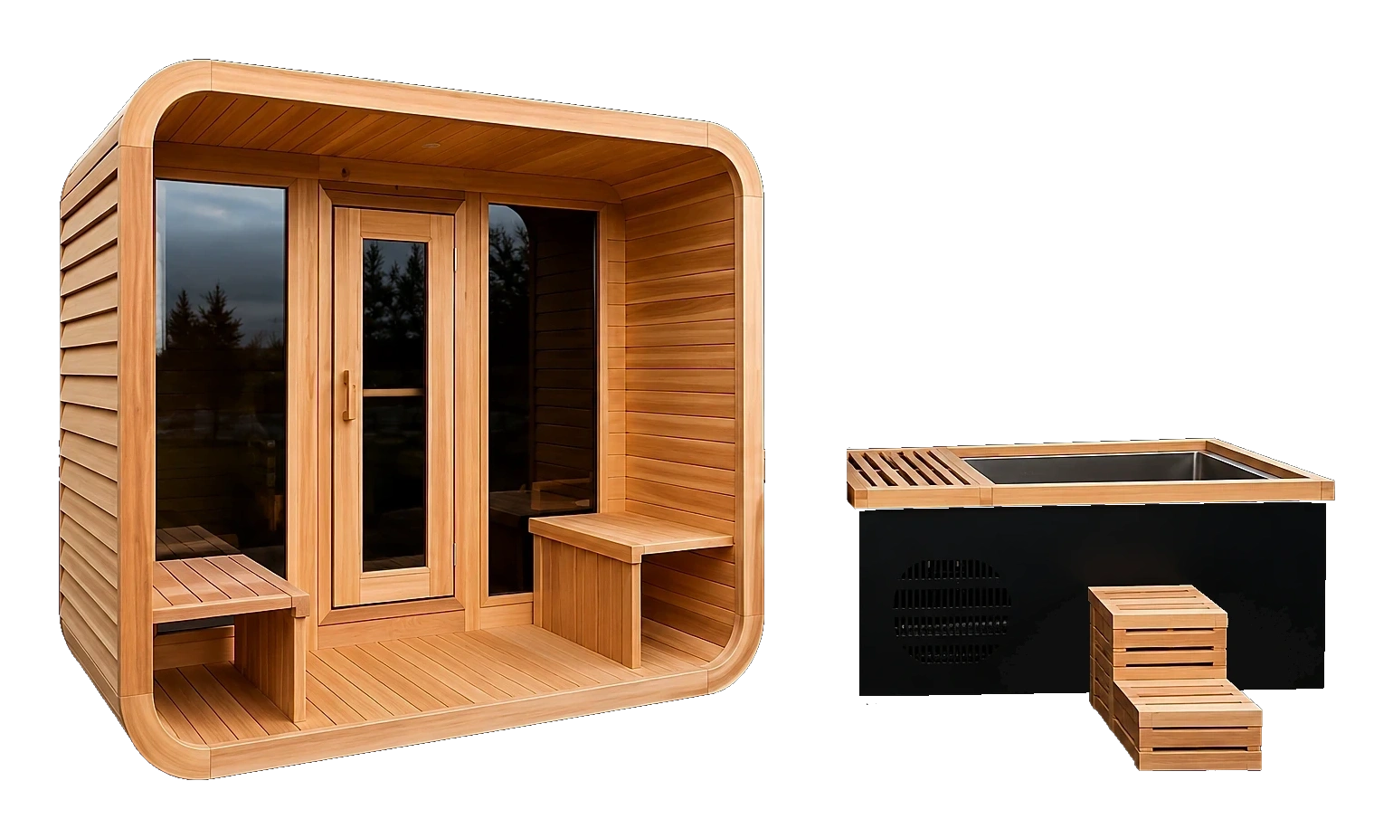 Black Onyx outdoor sauna and ice bath cold plunge, side by side